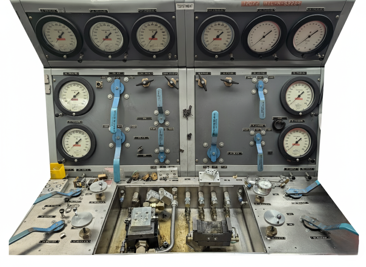 Hydraulic test stand with control panel, pressure monitoring gauges, and fluid testing equipment