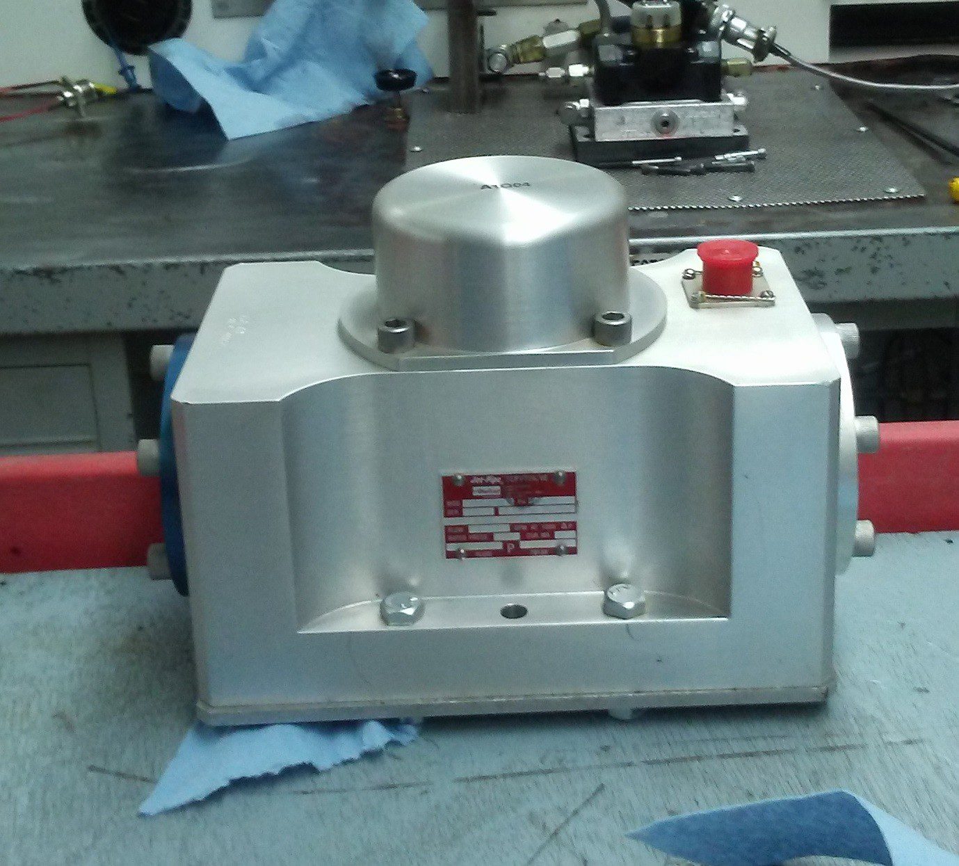 Servo valve on the workbench at NC Servo Technology, in for service