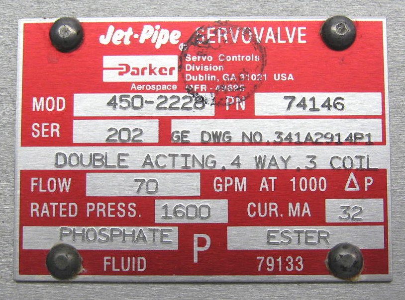Parker Aerospace Jet-Pipe servovalve identification label, model 450-2228, double-acting four-way three-coil, 70 GPM at 1000 PSI, phosphate ester fluid