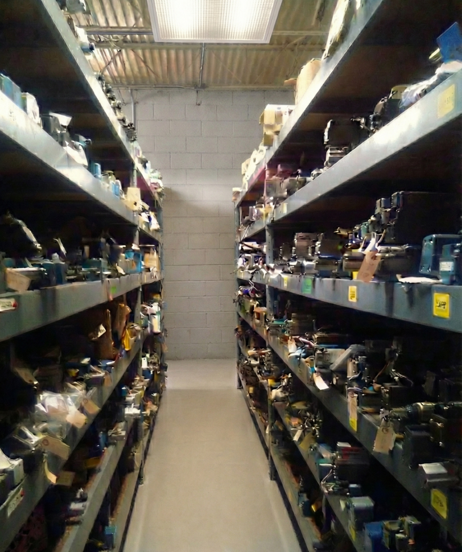 Warehouse shelves stocked with servo valves and proportional valves