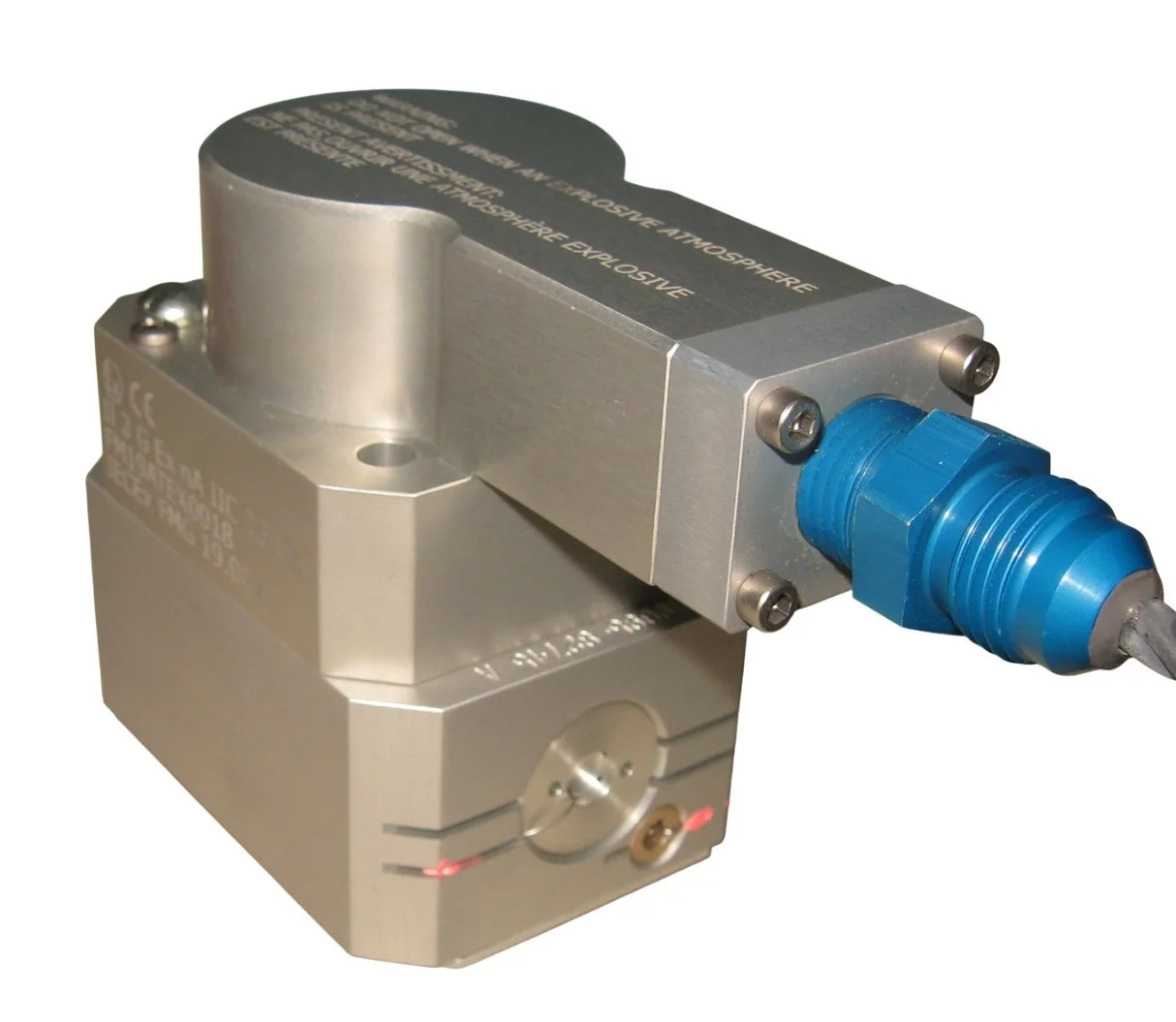 Abex 447400-1002 servovalve showing pressure adjustment port, blue connector, and labeled silver aluminum body