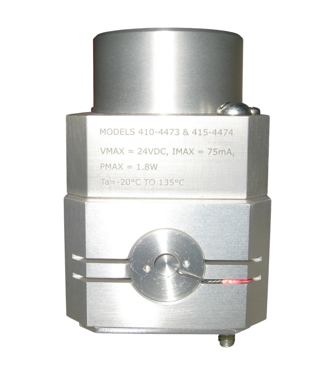 Abex 447400-1002 servovalve detail showing engraved specifications, voltage and current ratings, and red indicator light