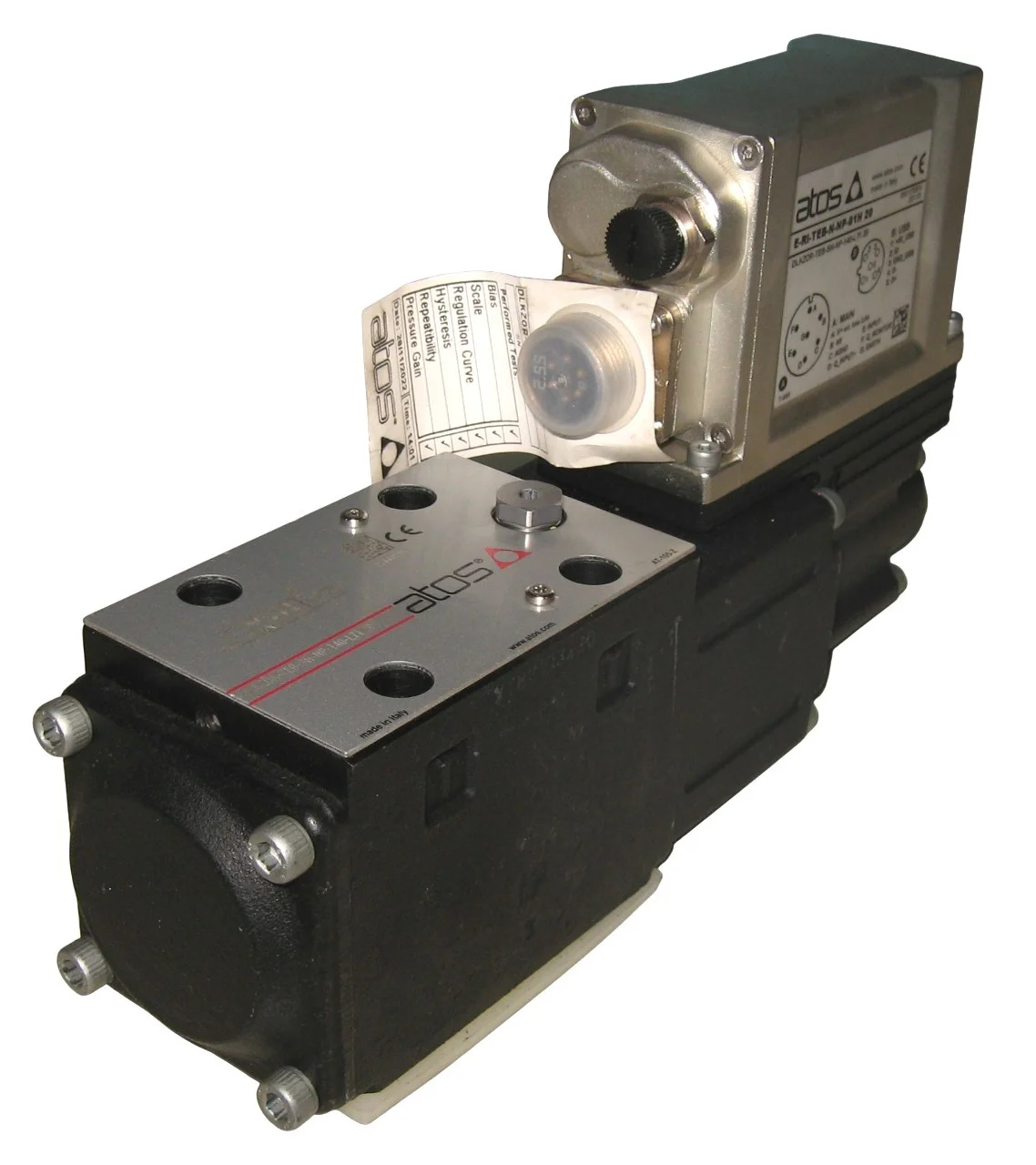 Atos DLKZ0R hydraulic control valve with labeled connector and pressure adjustment knob
