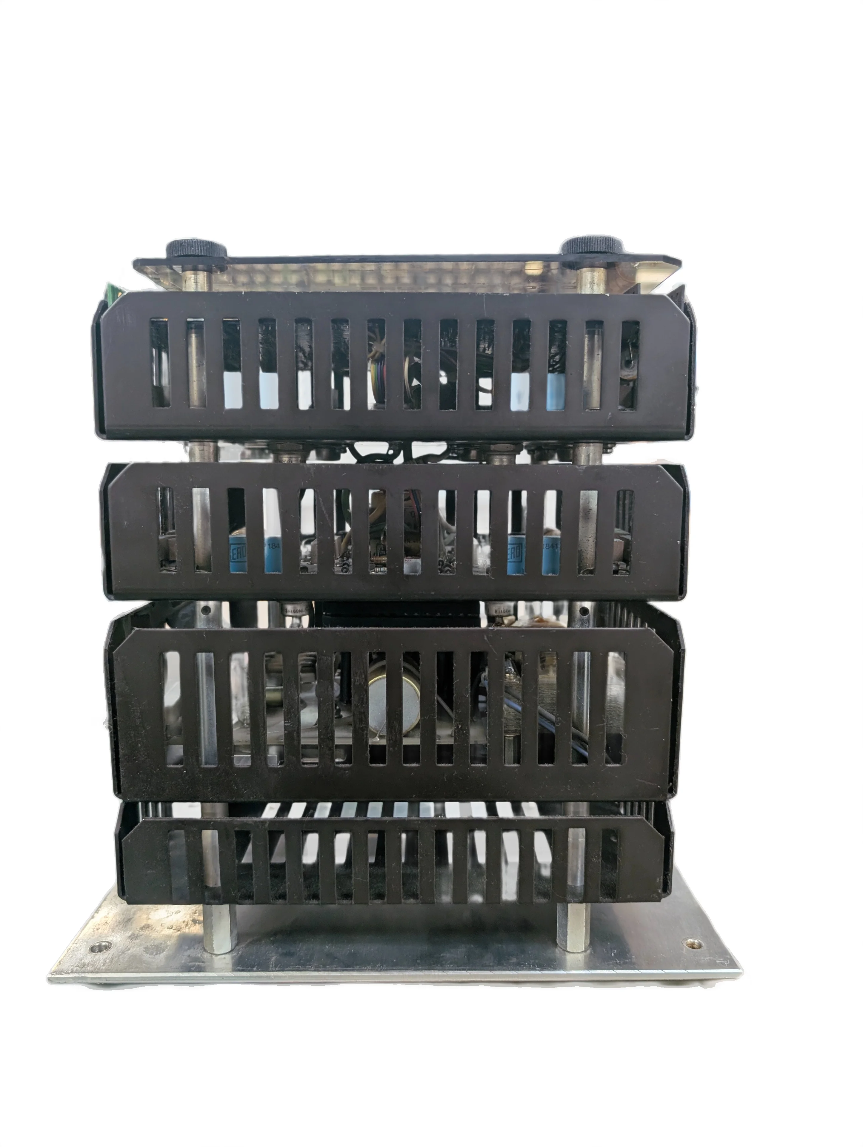 Heldt and Rossi 807E servo amplifier front view with stacked design, multiple black ventilation grilles, and metallic base