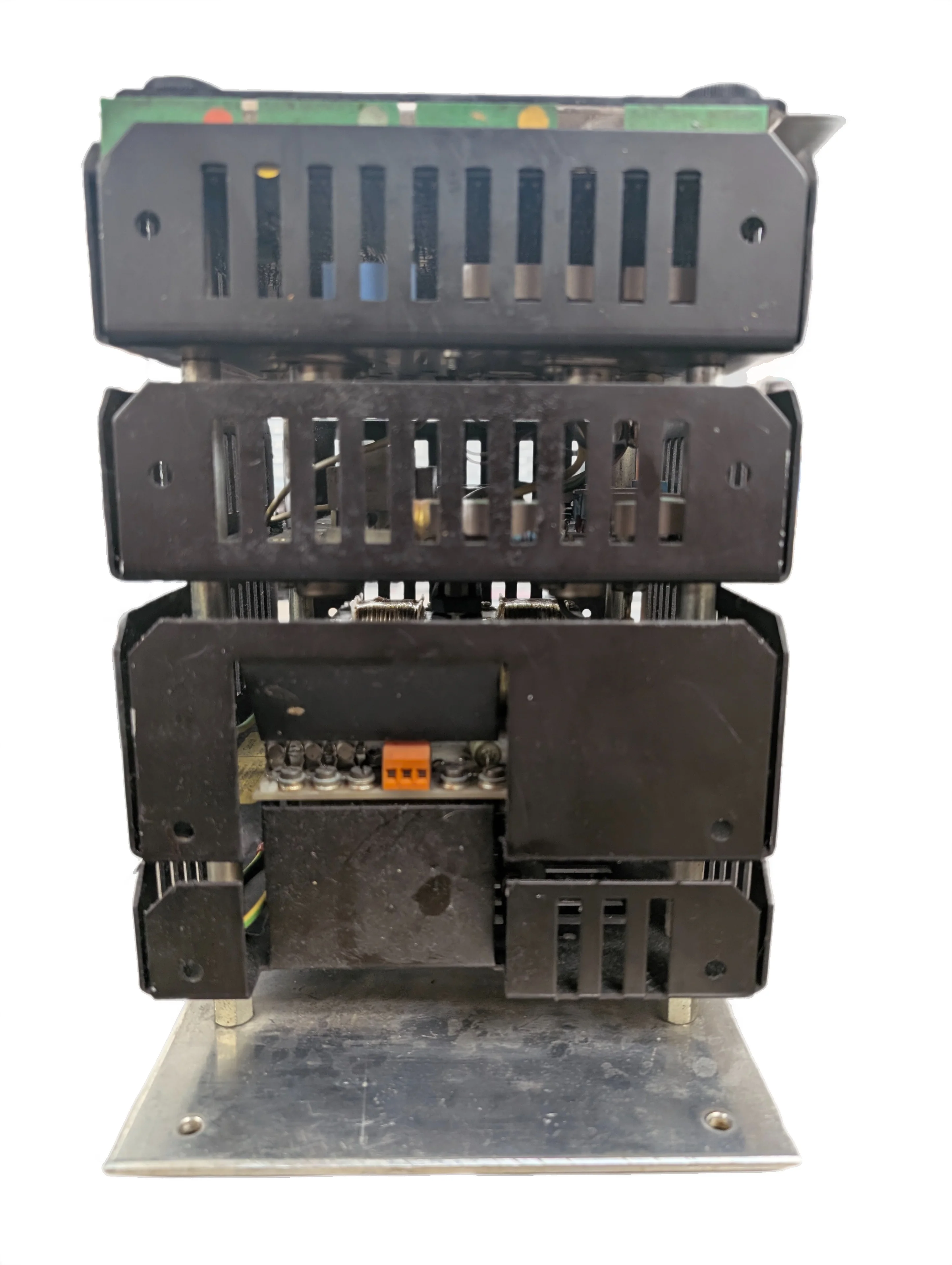 Heldt and Rossi 807E servo amplifier stacked design with multiple black housing units, ventilation slots, and key connectors visible at the bottom