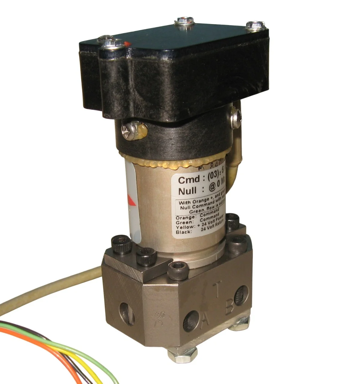 HR Textron 27A50F-4K03 servovalve with cylindrical body and metallic finish