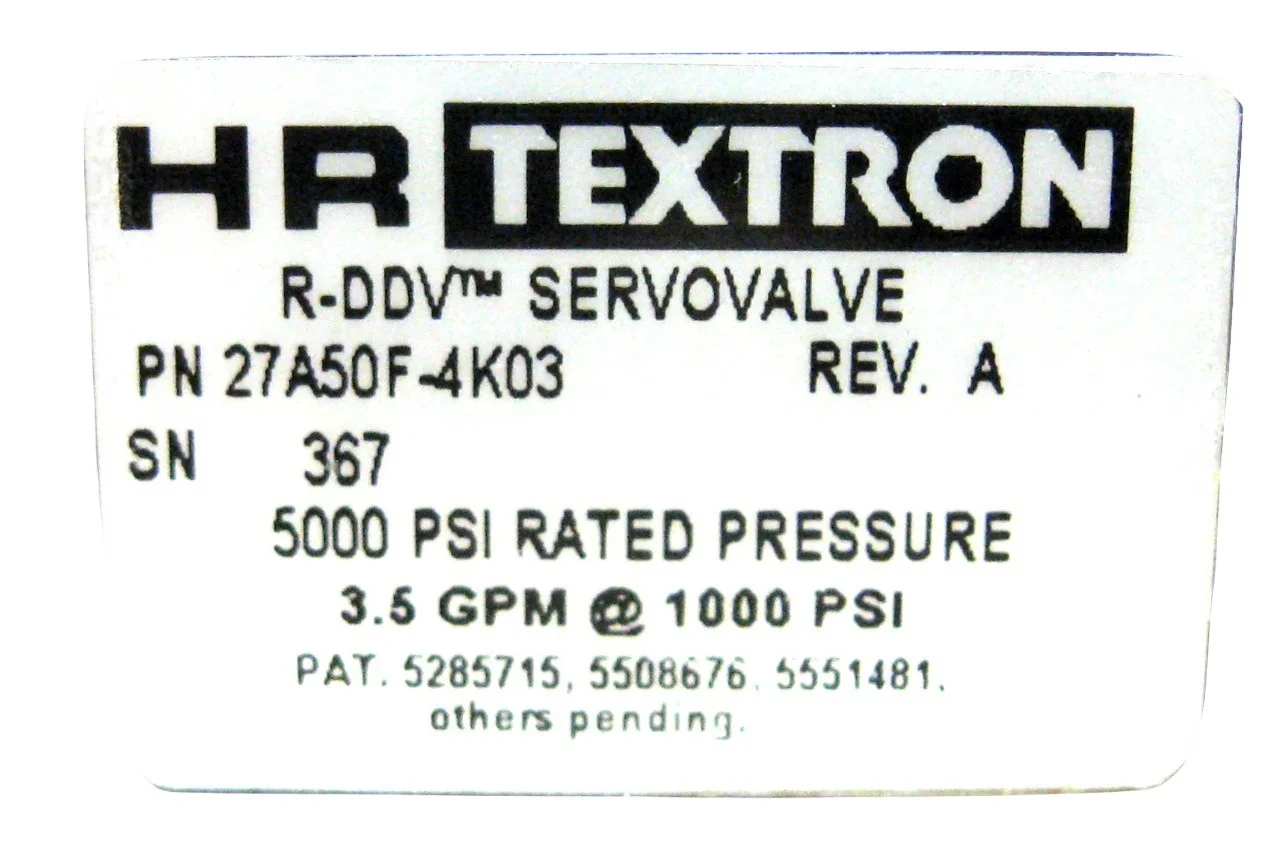 HR Textron R-DDV servovalve, model 27A50F-4K03, in for service at NC Servo Technology