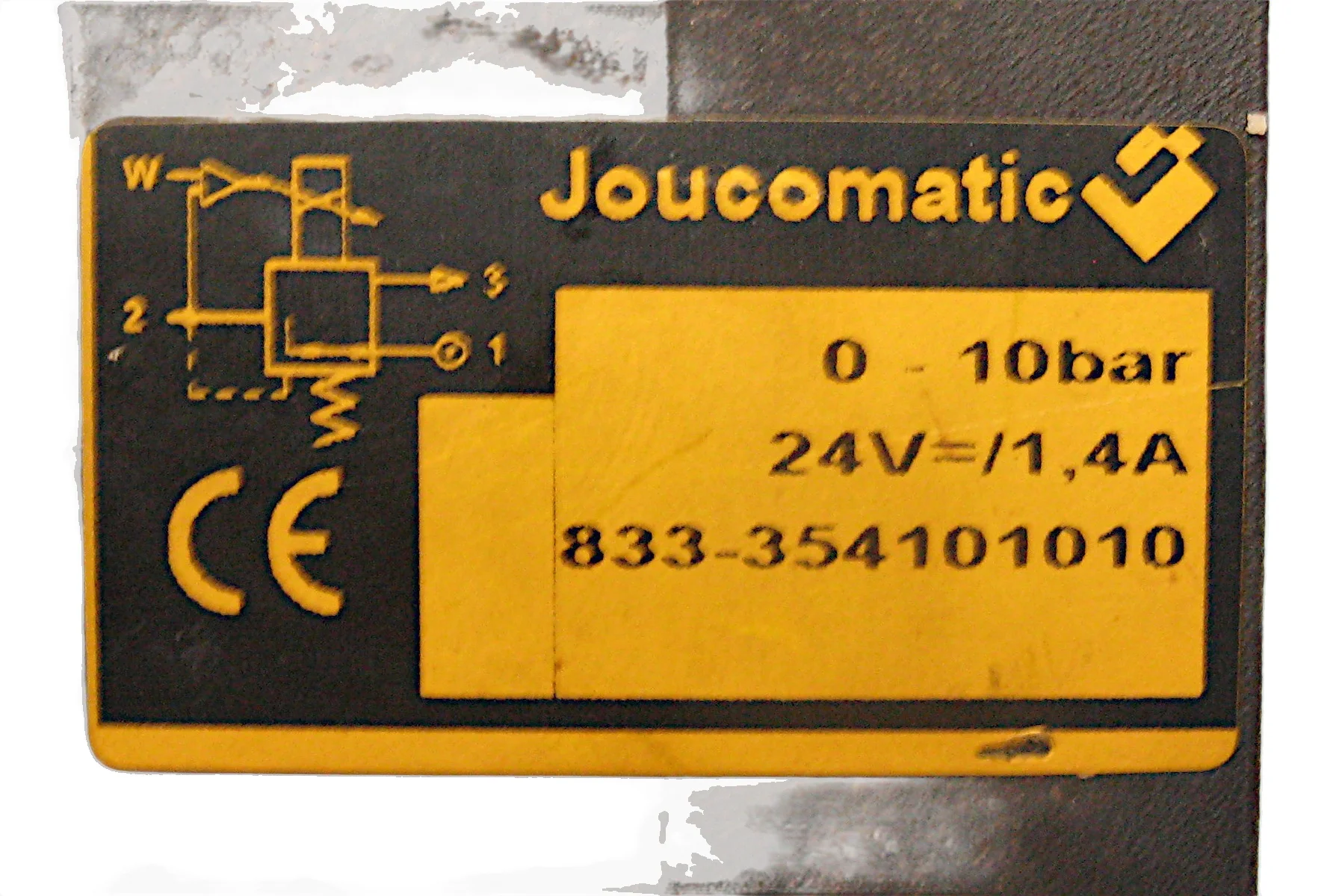 Joucomatic 833 354101010 pressure switch with yellow and black label, 0-10 bar, 24V/1.4A