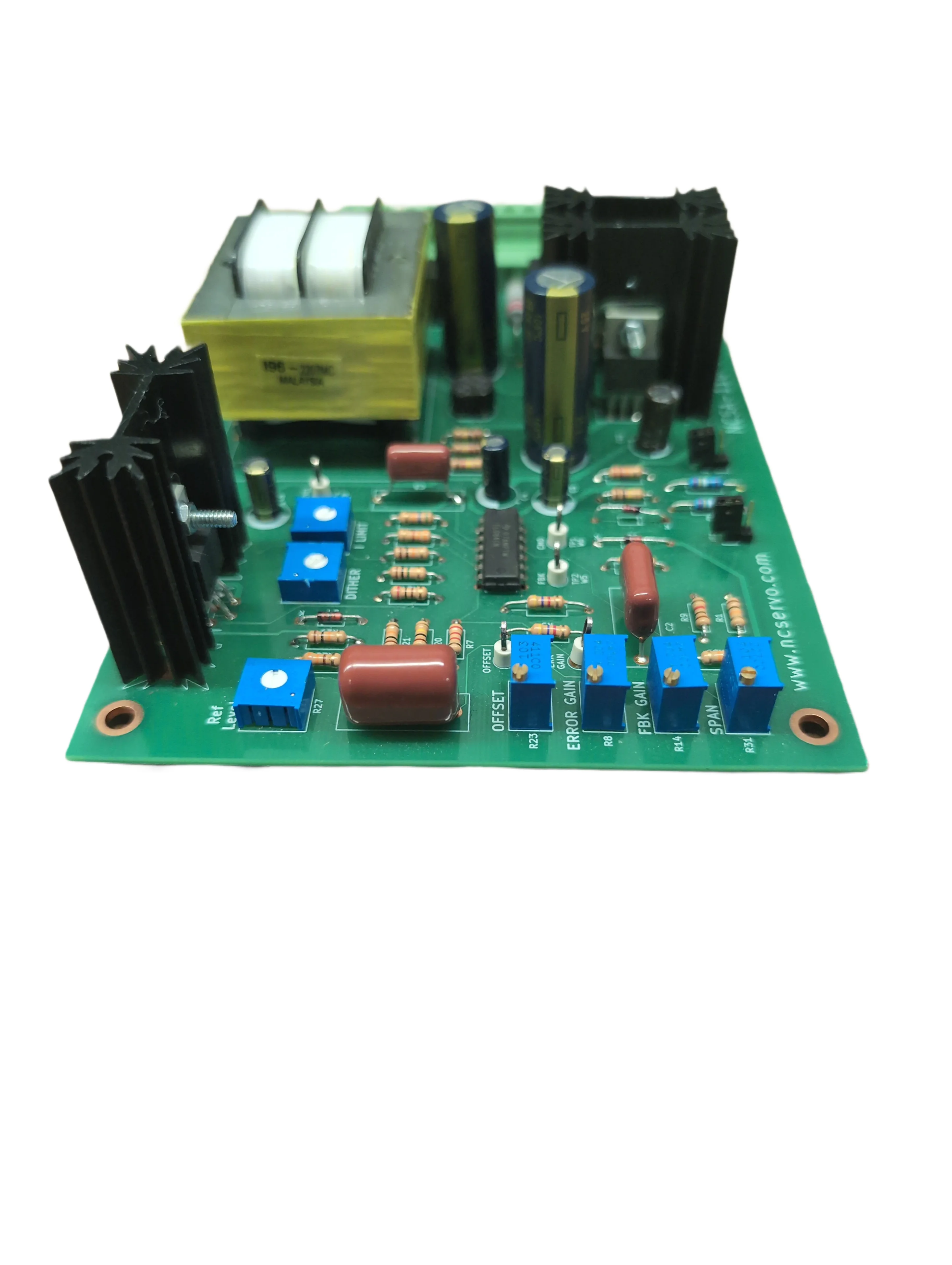NCSA-110-300 board with adjustable potentiometers, capacitors, resistors, and a yellow transformer