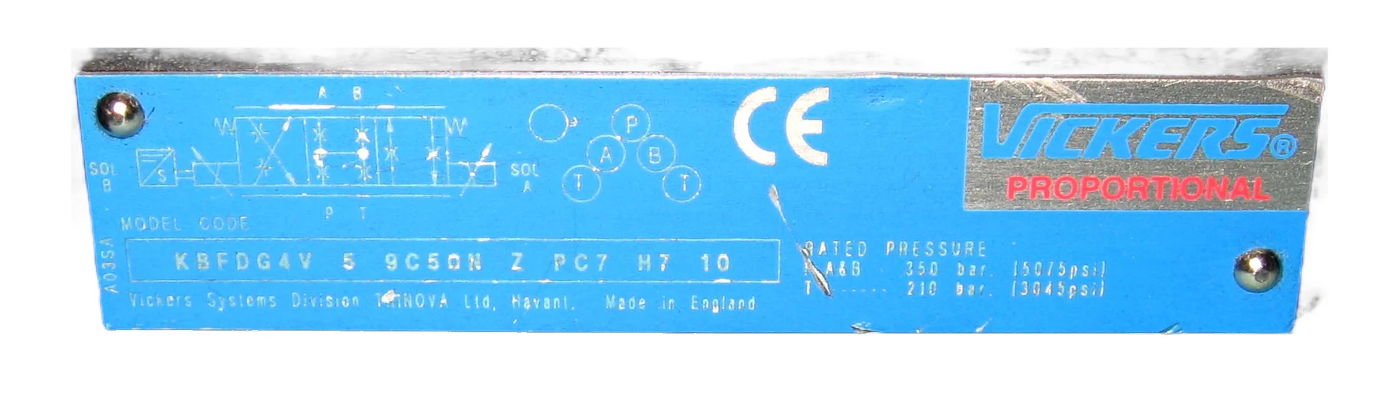 Vickers KBFDG4V59C50NZPC7H710 proportional valve detail showing model code, rated pressure, and CE marking