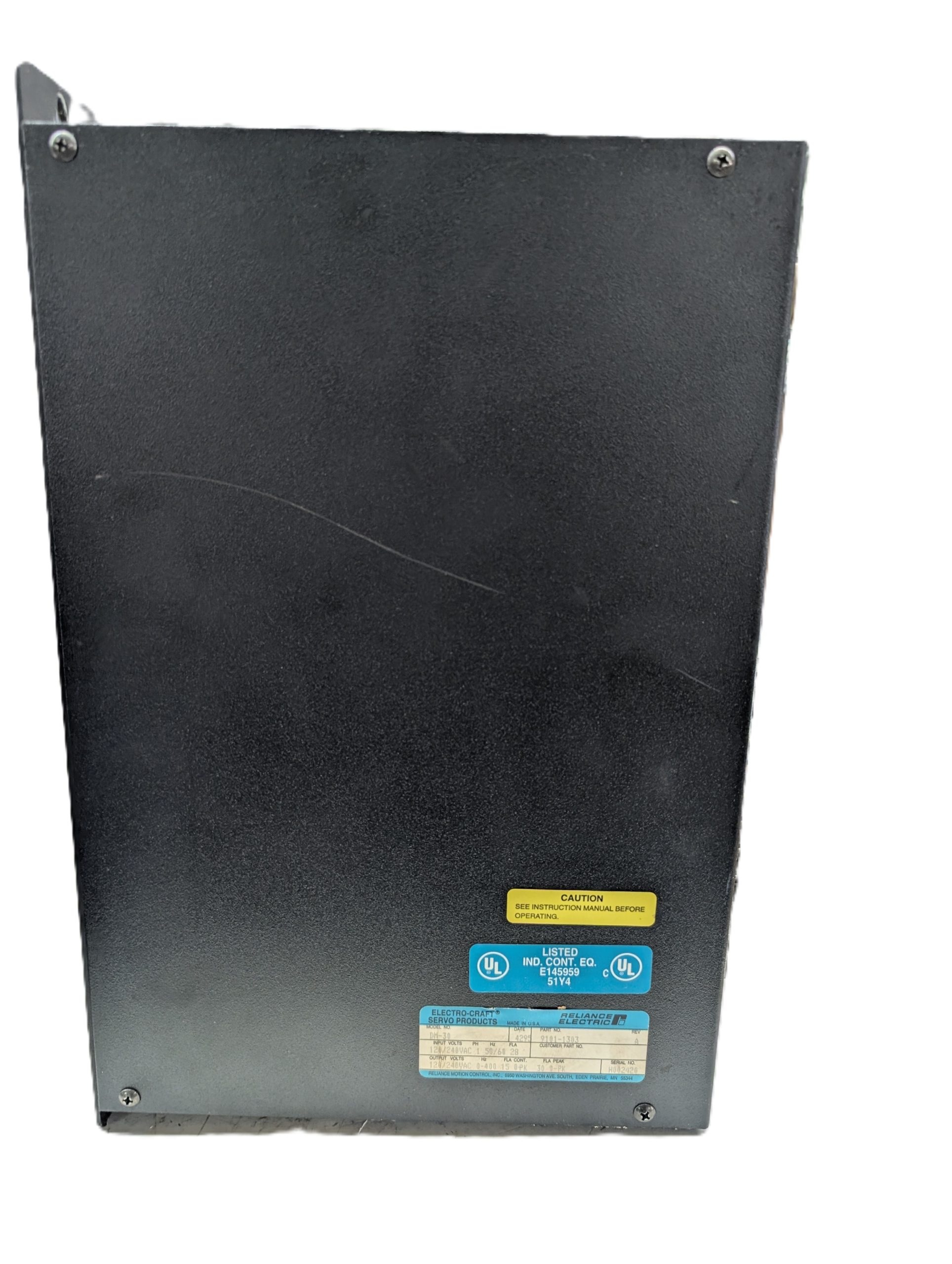 Electro-Craft BRU-200 servo drive rear panel with mounting brackets and Reliance Electric identification label