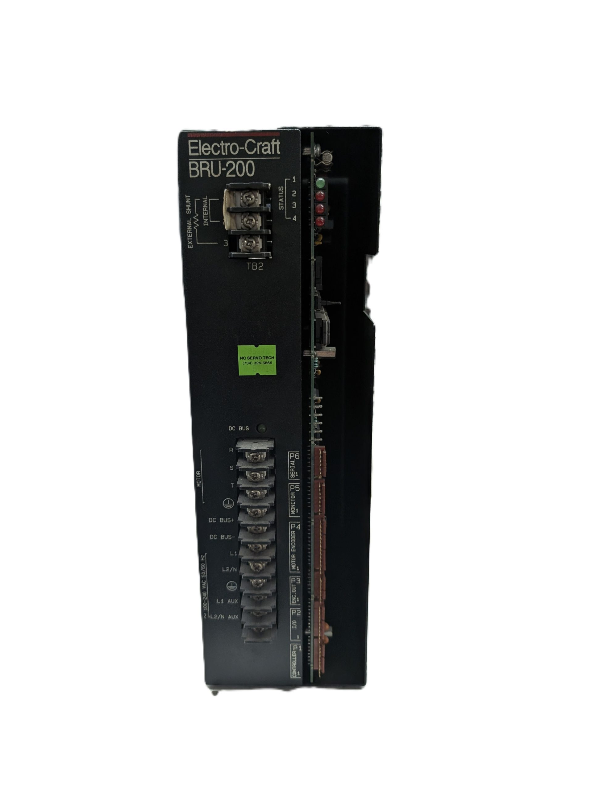 Electro-Craft BRU-200 servo drive front panel with terminal blocks, DC bus connections, and LED status indicators
