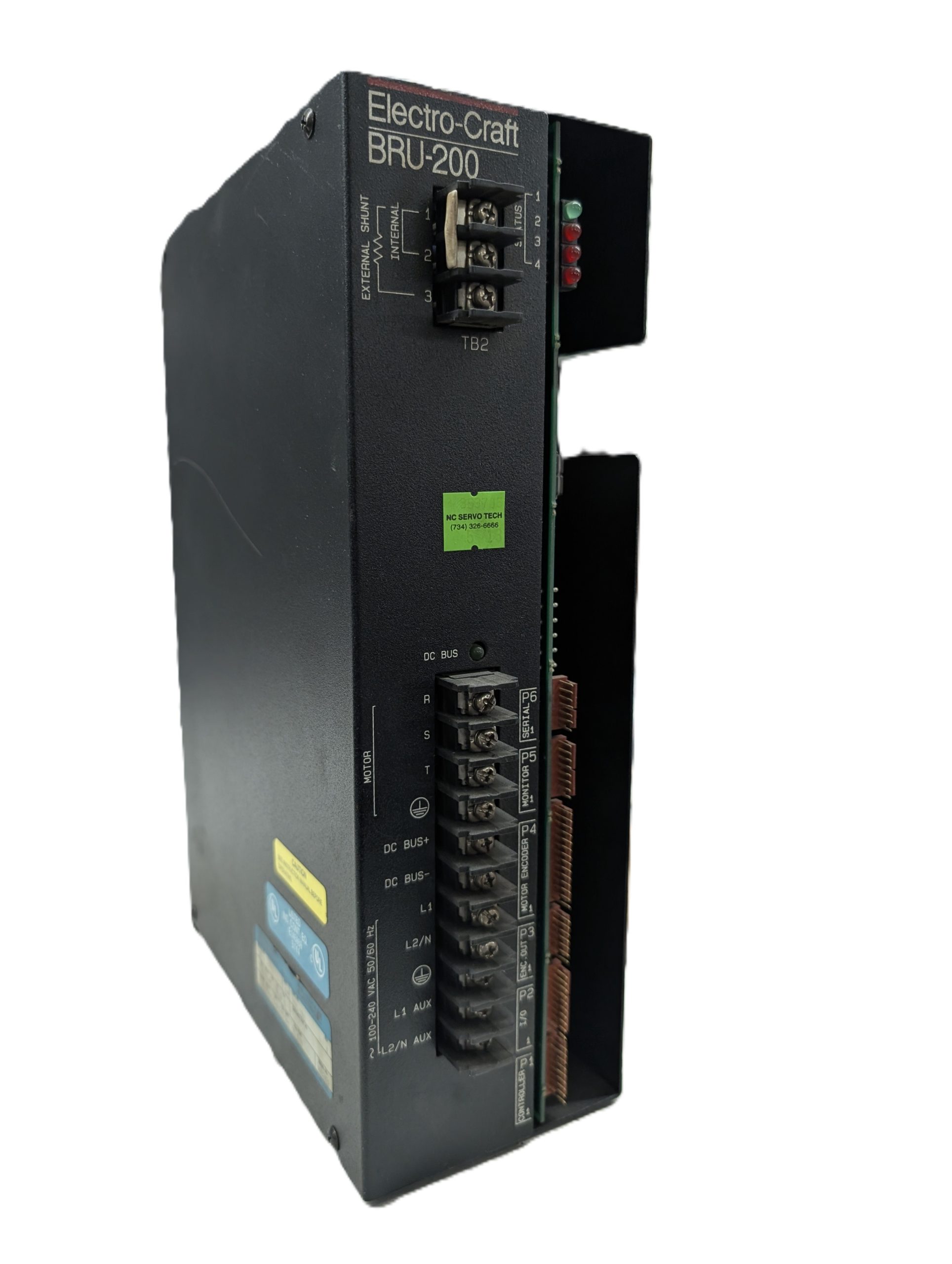 Electro-Craft BRU-200 servo drive angled view showing terminal blocks and LED indicators