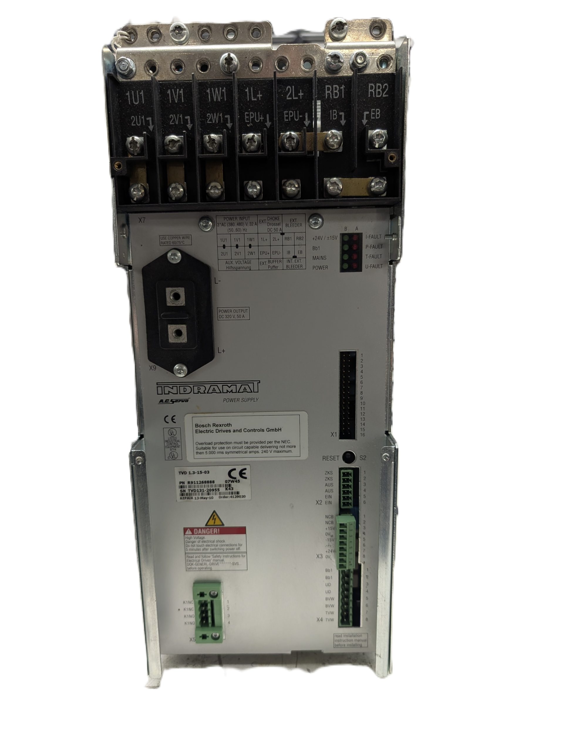 Indramat TVD 1.3-15-03 AC servo power supply with power terminals and diagnostic indicators