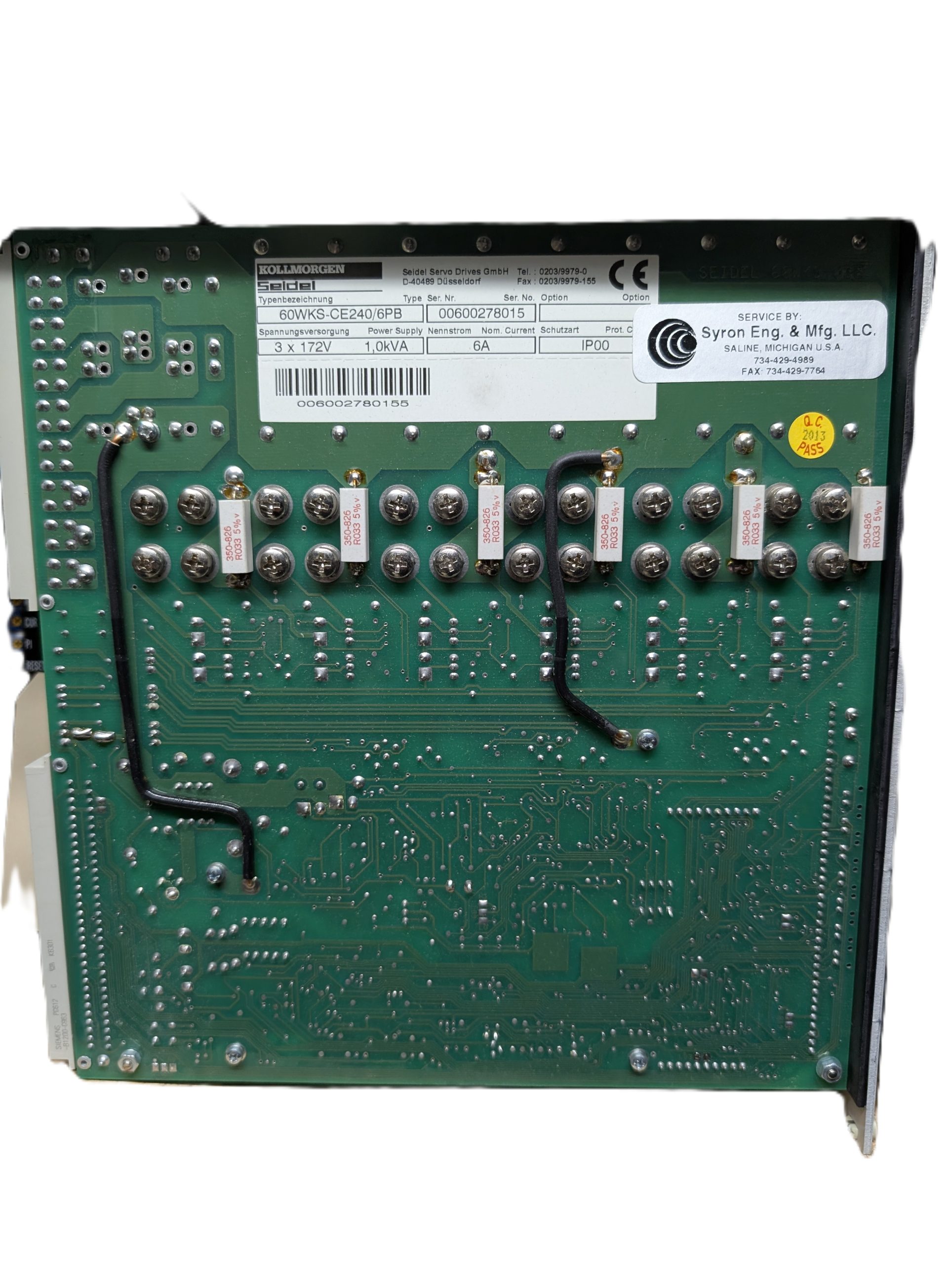Kollmorgen Seidel 60WKS-CE240/6PB servo drive with exposed PCB, soldered components, capacitors, and Kollmorgen Seidel identification label with CE marking