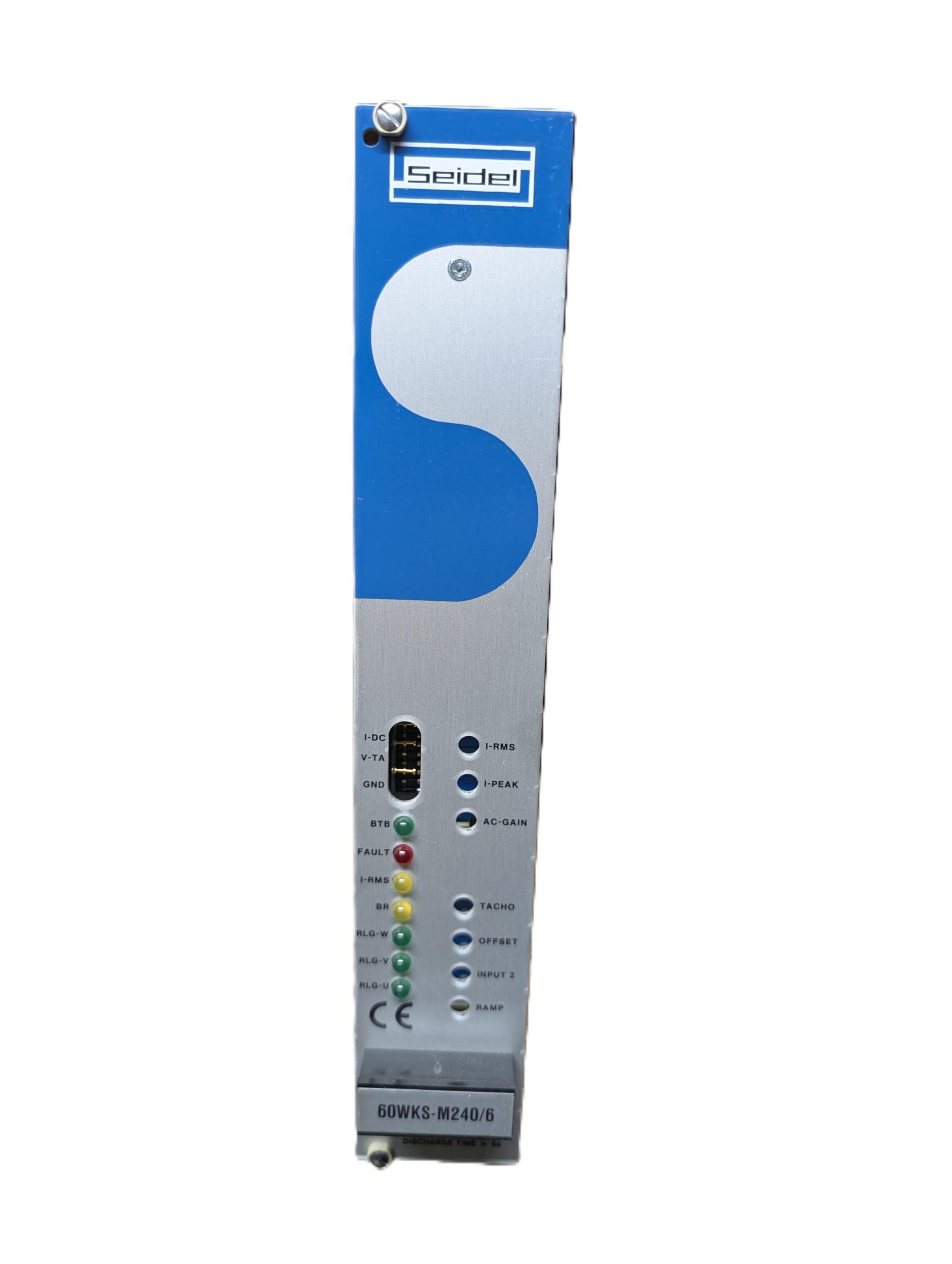 Kollmorgen Seidel 60WKS-M240/6 Eurocard servo drive front view with brushed silver aluminum faceplate, blue Seidel branding, and color-coded LED indicators
