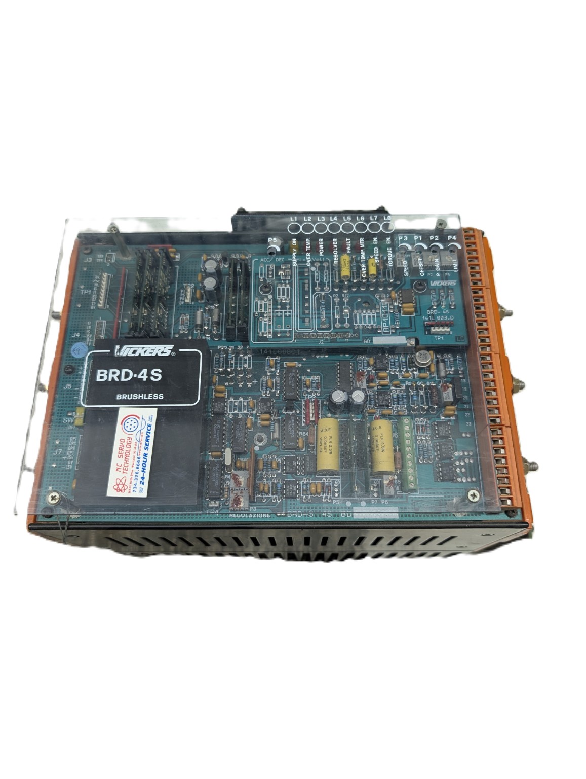 Vickers BRD-4S servo drive front view with circuit board, nameplate, and orange terminal strip