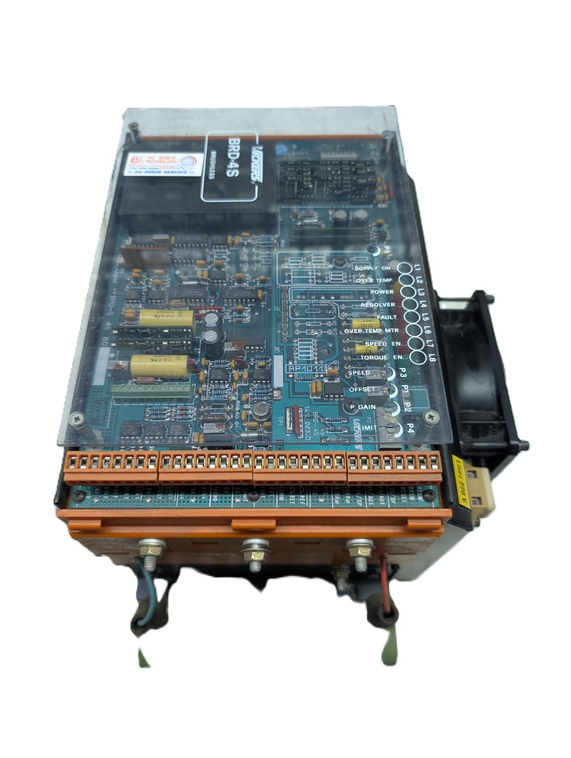 Vickers BRD-4S servo drive top-down view with circuit board under clear protective cover and numbered terminal connections