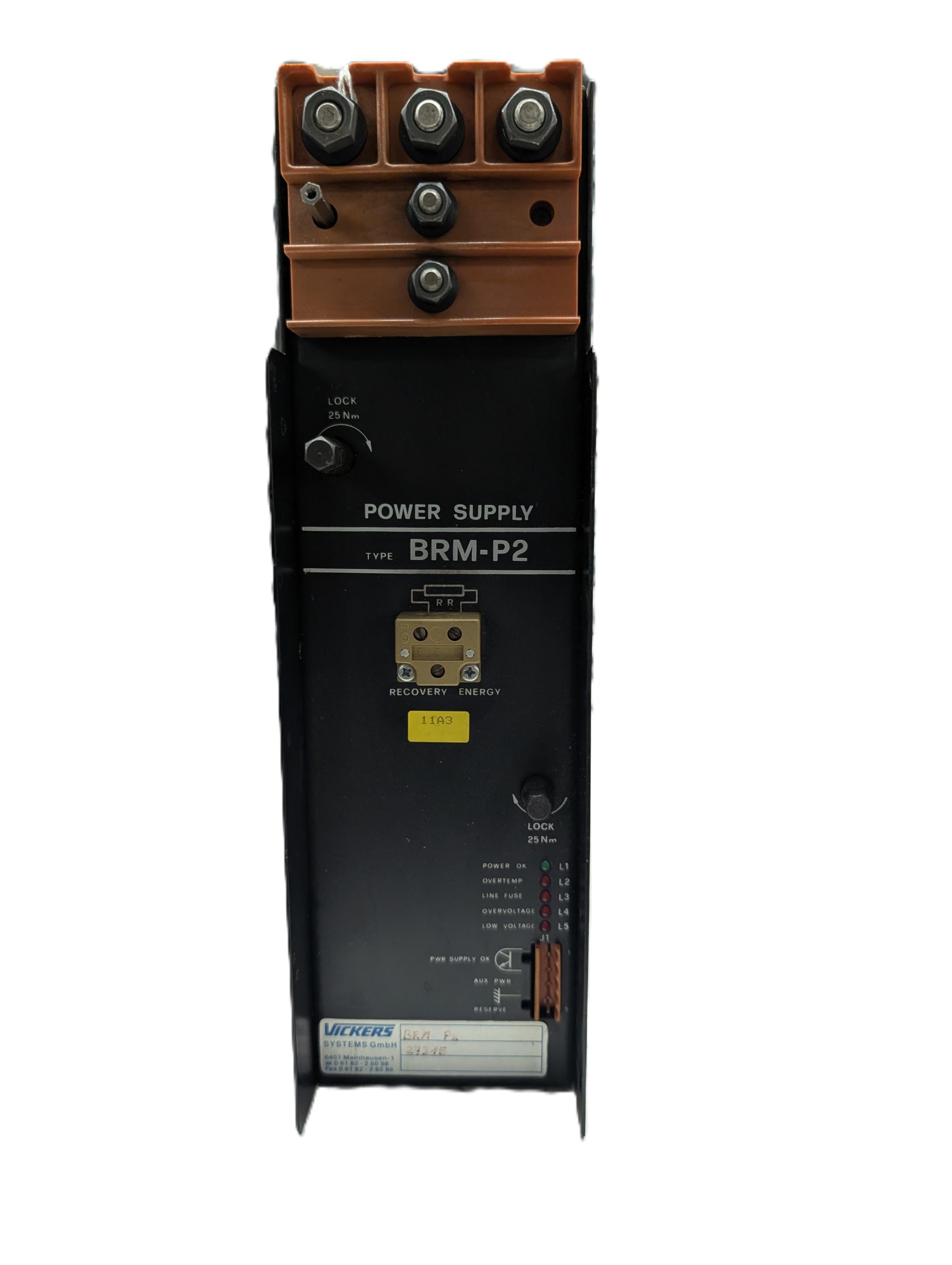 Vickers BRM-P2 power supply front panel with status indicators, gold recovery connector, and copper bus bar terminal block