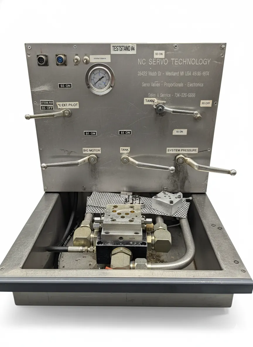 Hydraulic test stand with pressure gauges and control valves for valve performance testing