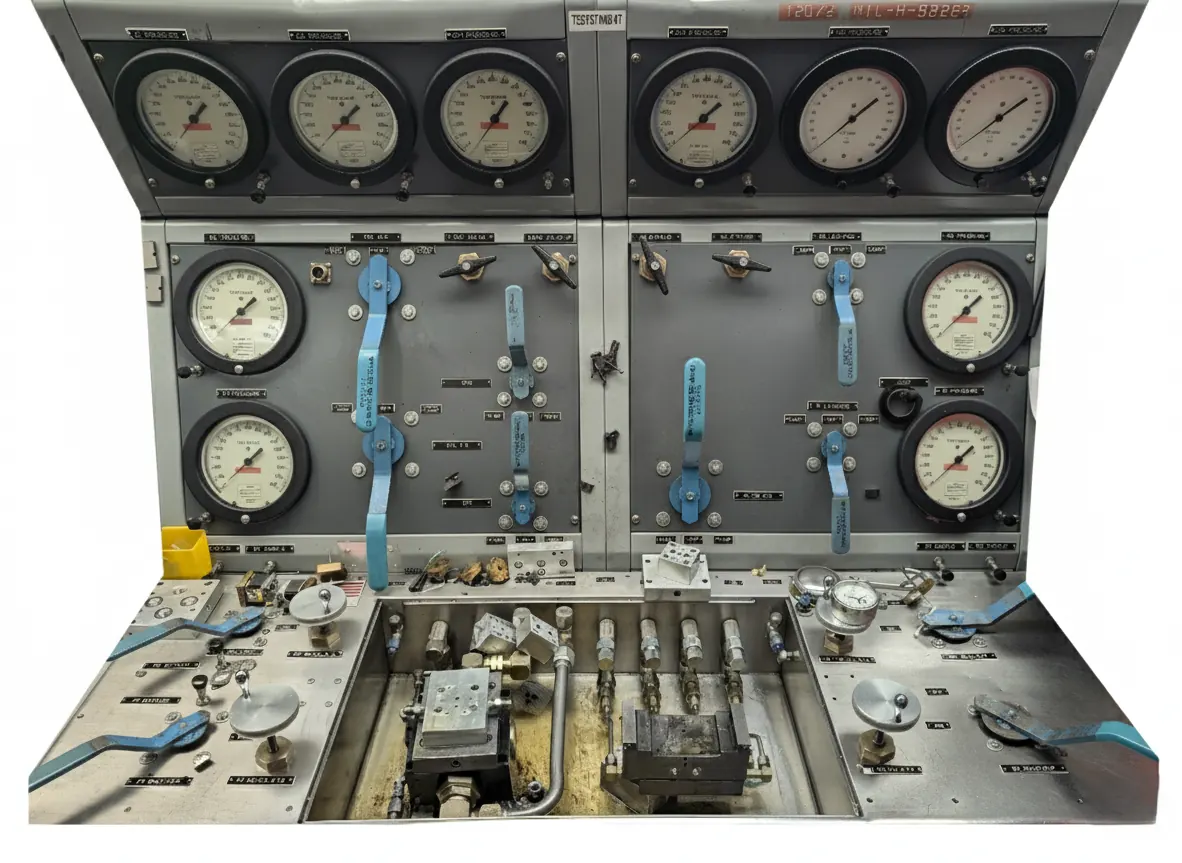 Hydraulic test stand at NC Servo Technology with control panel and pressure gauges